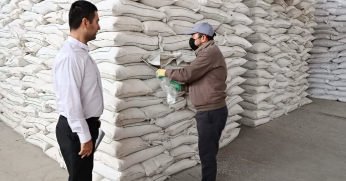 نمونه برداری از پارت 40 کود سولفات پتاسیم گرانوله شرکت میهن زاج در انبار بجنورد شرکت خدمات حمایتی کشاورزی خراسان شمالی